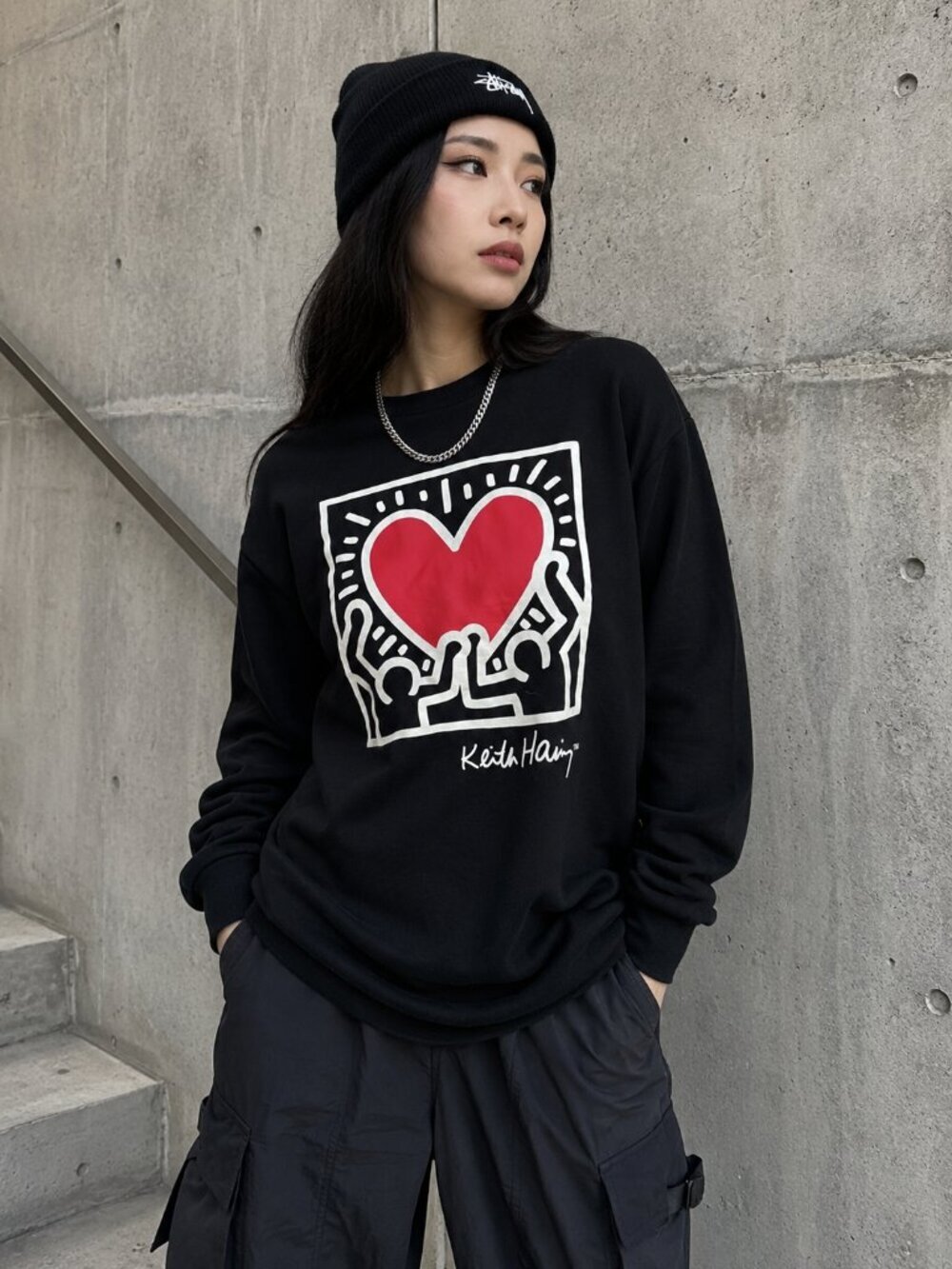 Keith Haring Heart Graphic Black Thermal Sweatshirt Size Medium Pop Art Pullover